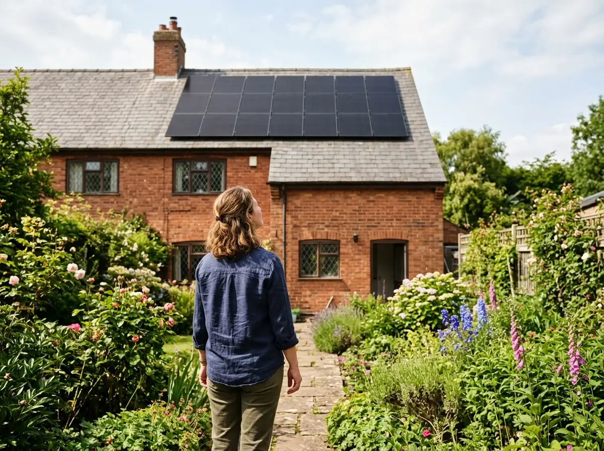 A happy-looking but not posed scene from behind of a homeowner standing in a garden looking up at the black solar panels