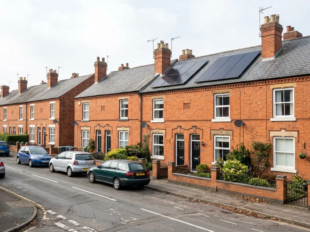 A street of Victorian red-brick terraced houses in a Nottinghamshire town