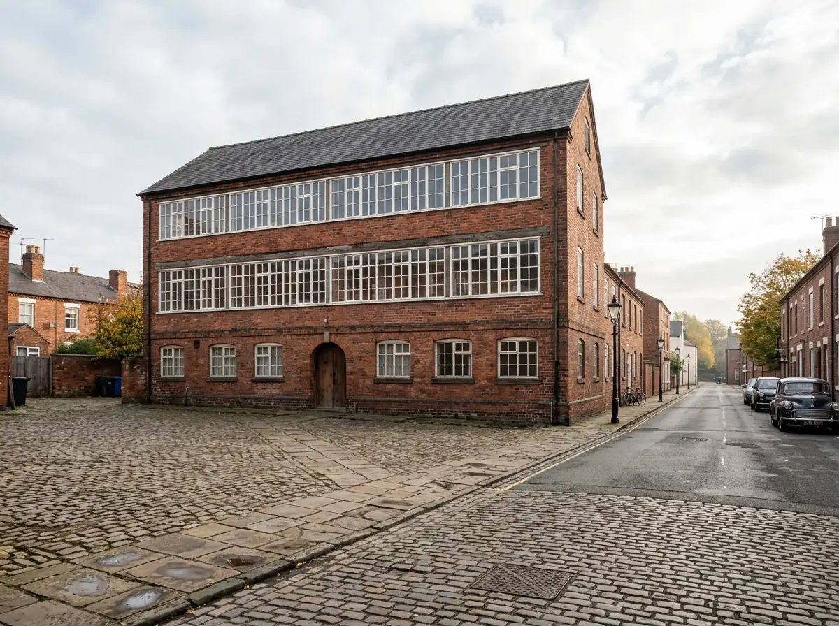 A three-storey 19th-century red-brick framework knitters' workshop building in an English Midlands town