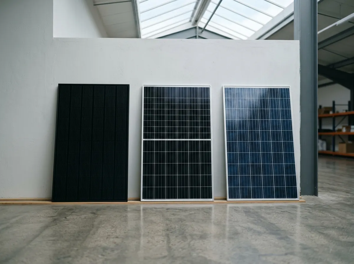 Three different modern solar panels leaning side by side against a clean wall in a bright showroom or warehouse: an all-