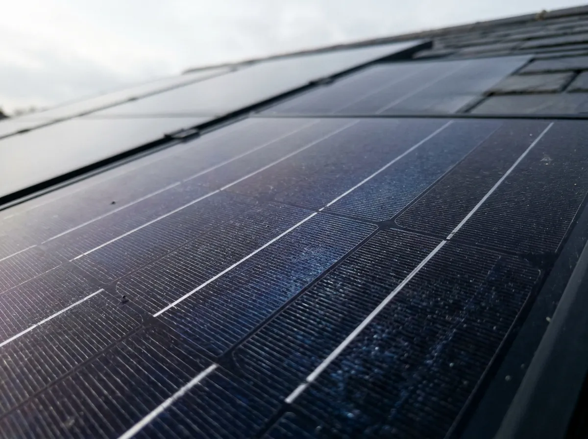 A macro close-up of the surface of a high-efficiency black monocrystalline solar cell