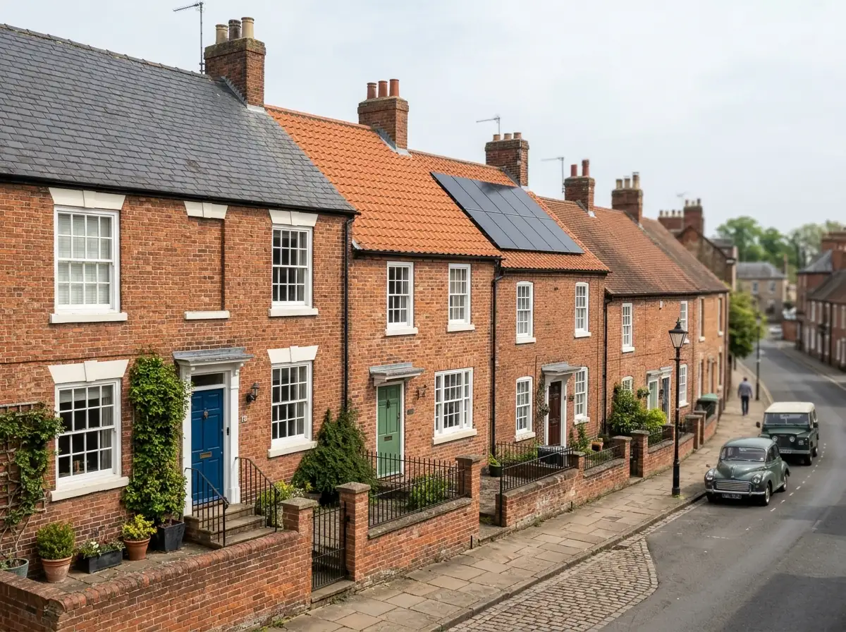 A row of older red-brick houses in a Nottinghamshire market town centre