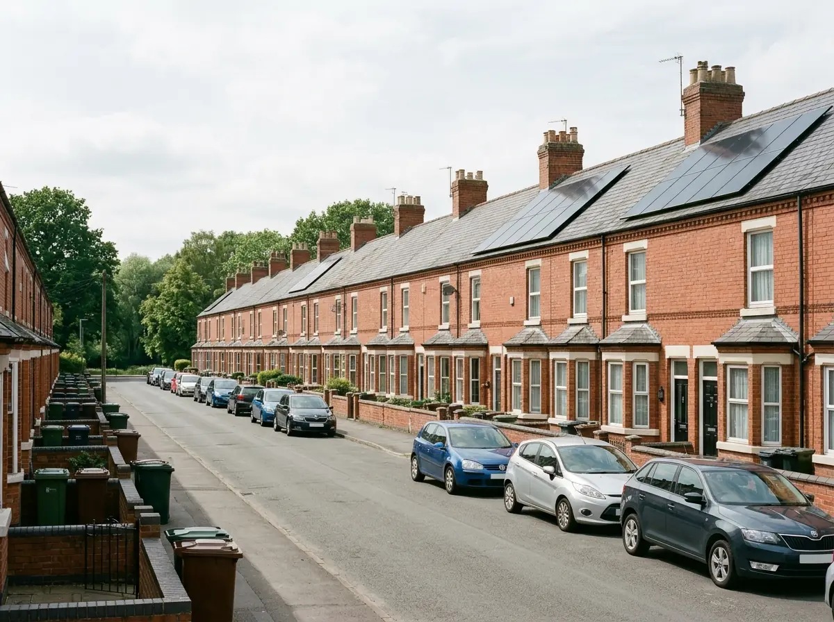 A long row of Victorian red-brick terraced houses