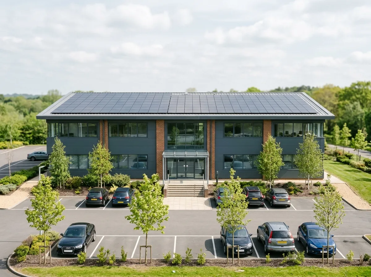 A low-rise modern office building with solar panels across its roof and a neat car park in front