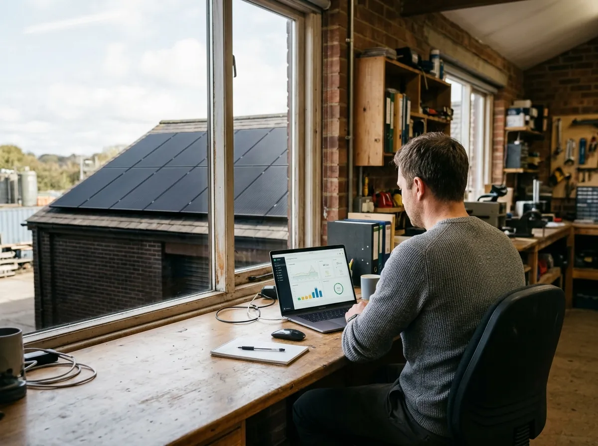 A small business owner seen from behind in a workshop office looking at a laptop