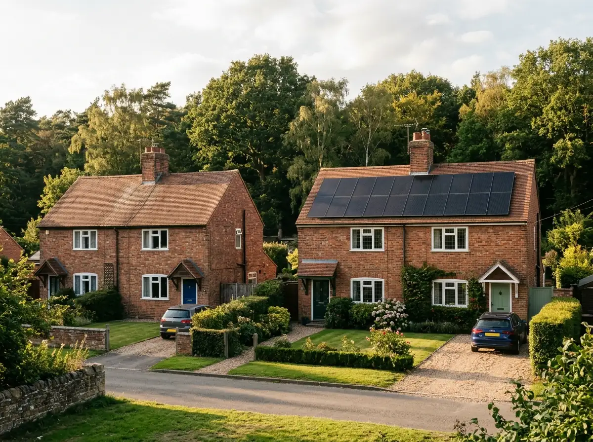 A pair of brick semi-detached houses in a village on the edge of Sherwood Forest, Nottinghamshire, one
