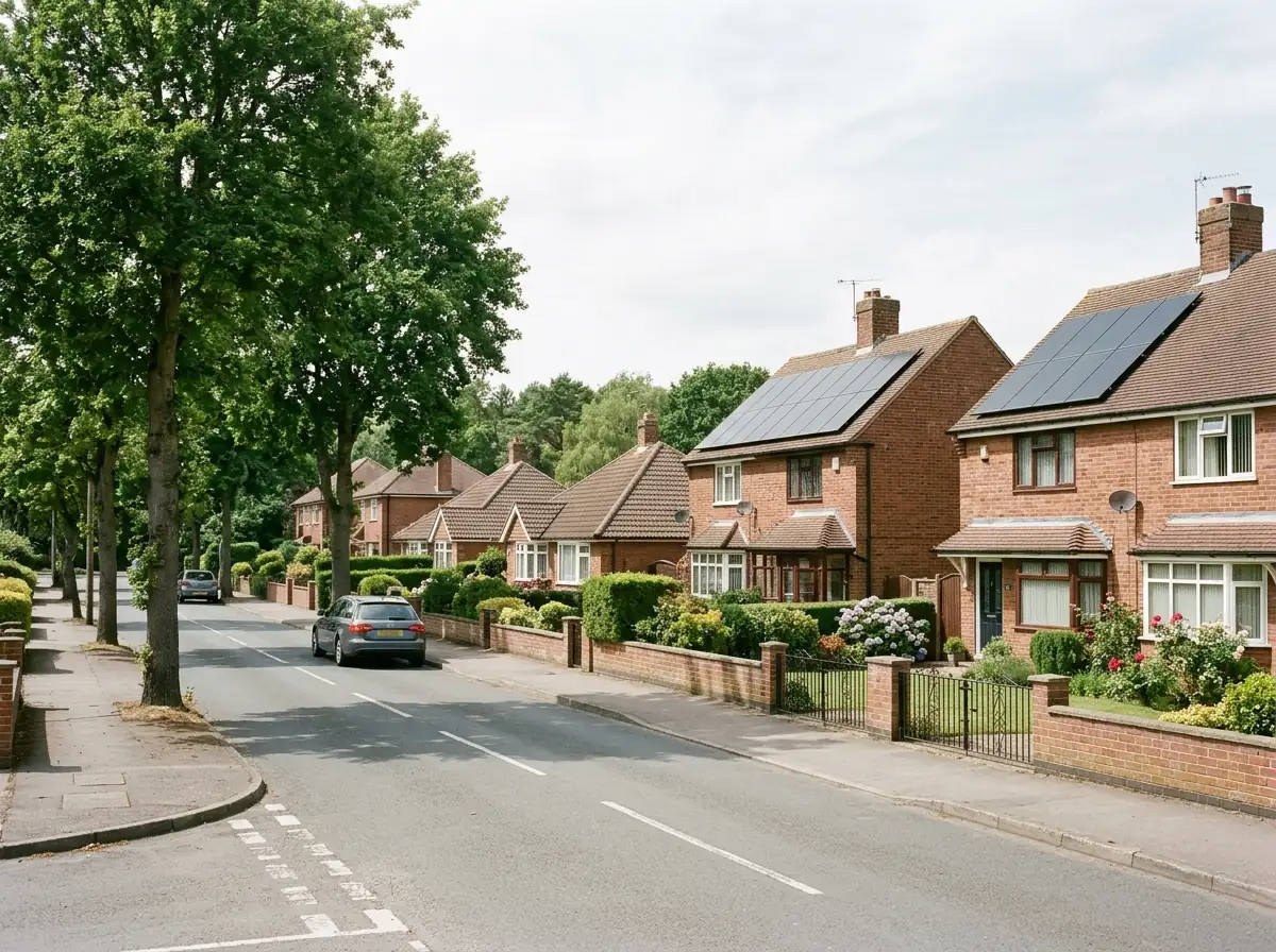 A road of 20th-century brick semis and bungalows in a Nottinghamshire forest village