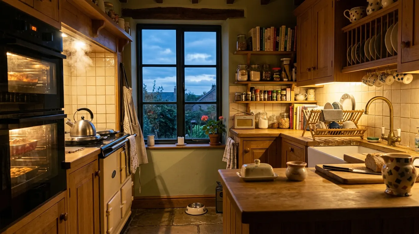 Kitchen in the evening, when a solar battery supplies stored daytime power