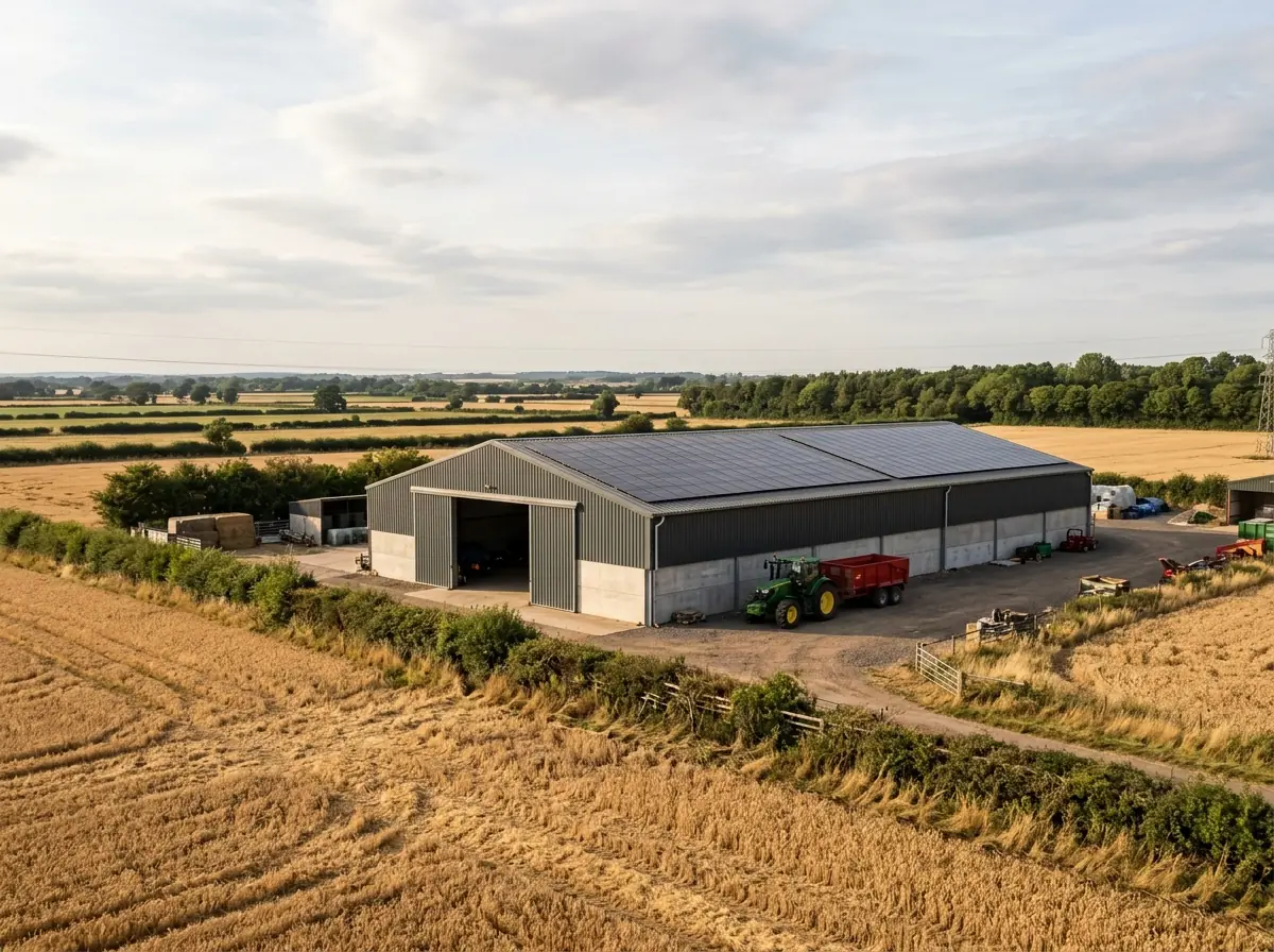 Solar panels on a large barn roof on a Nottinghamshire arable farm