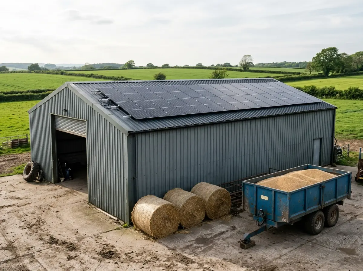 Solar panels on a steel machinery shed roof on a Nottinghamshire farm