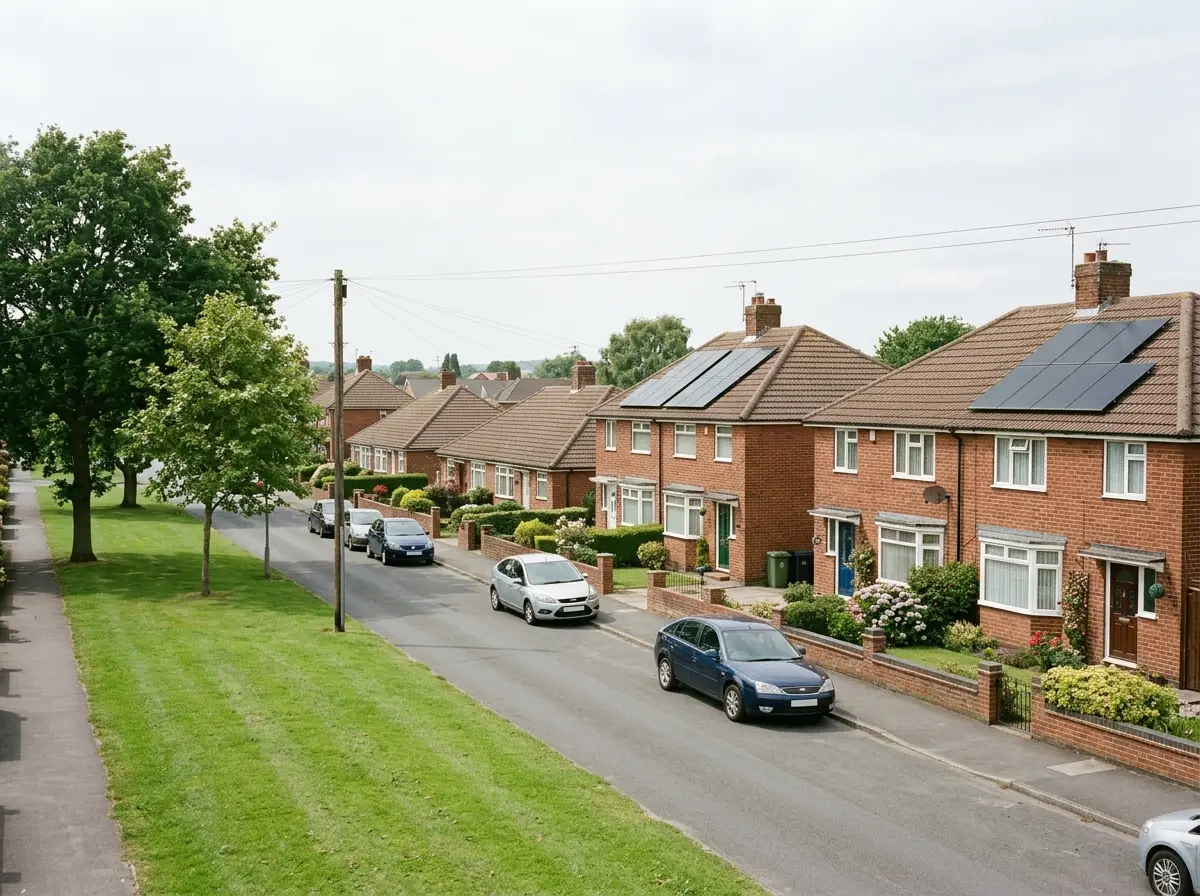 A street of mid-20th-century red-brick colliery-era semi-detached houses and bungalows