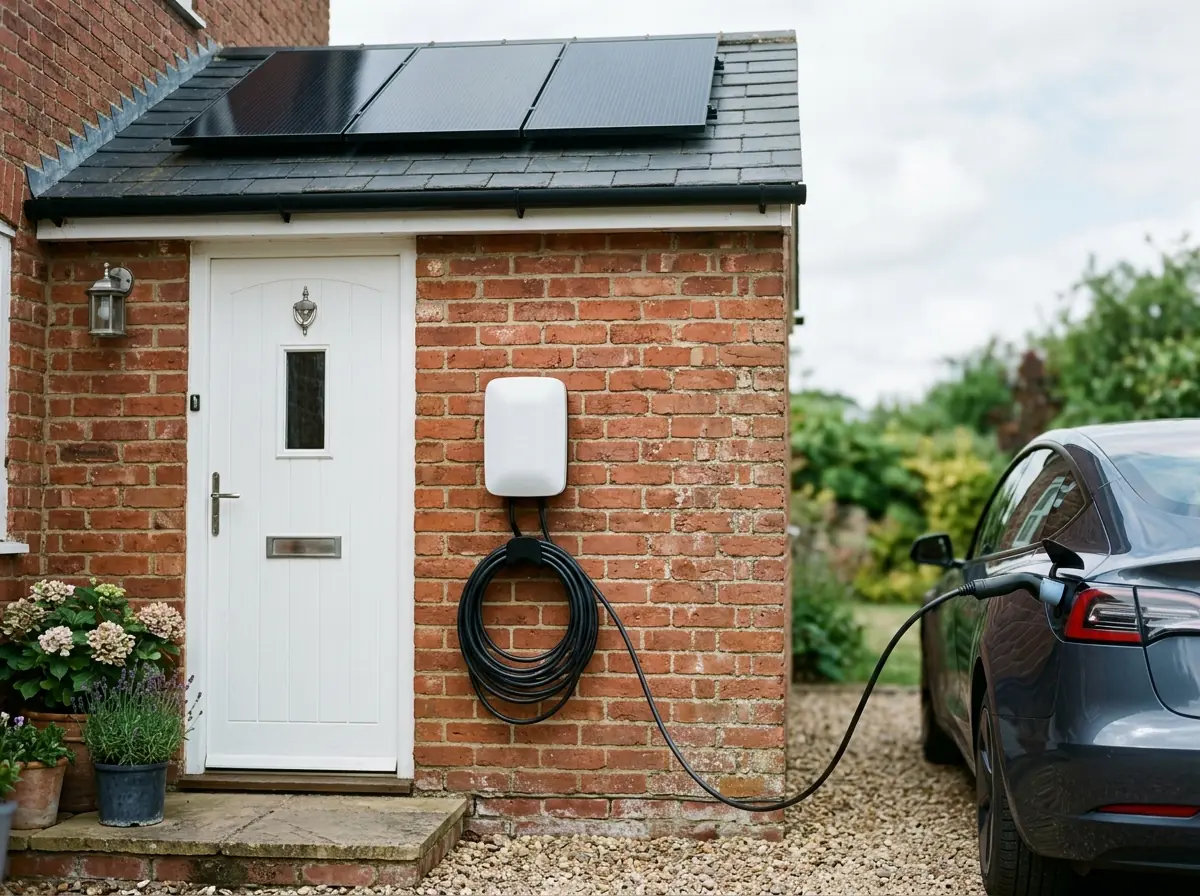 Wall-mounted home EV charger next to a front door on a house with solar panels