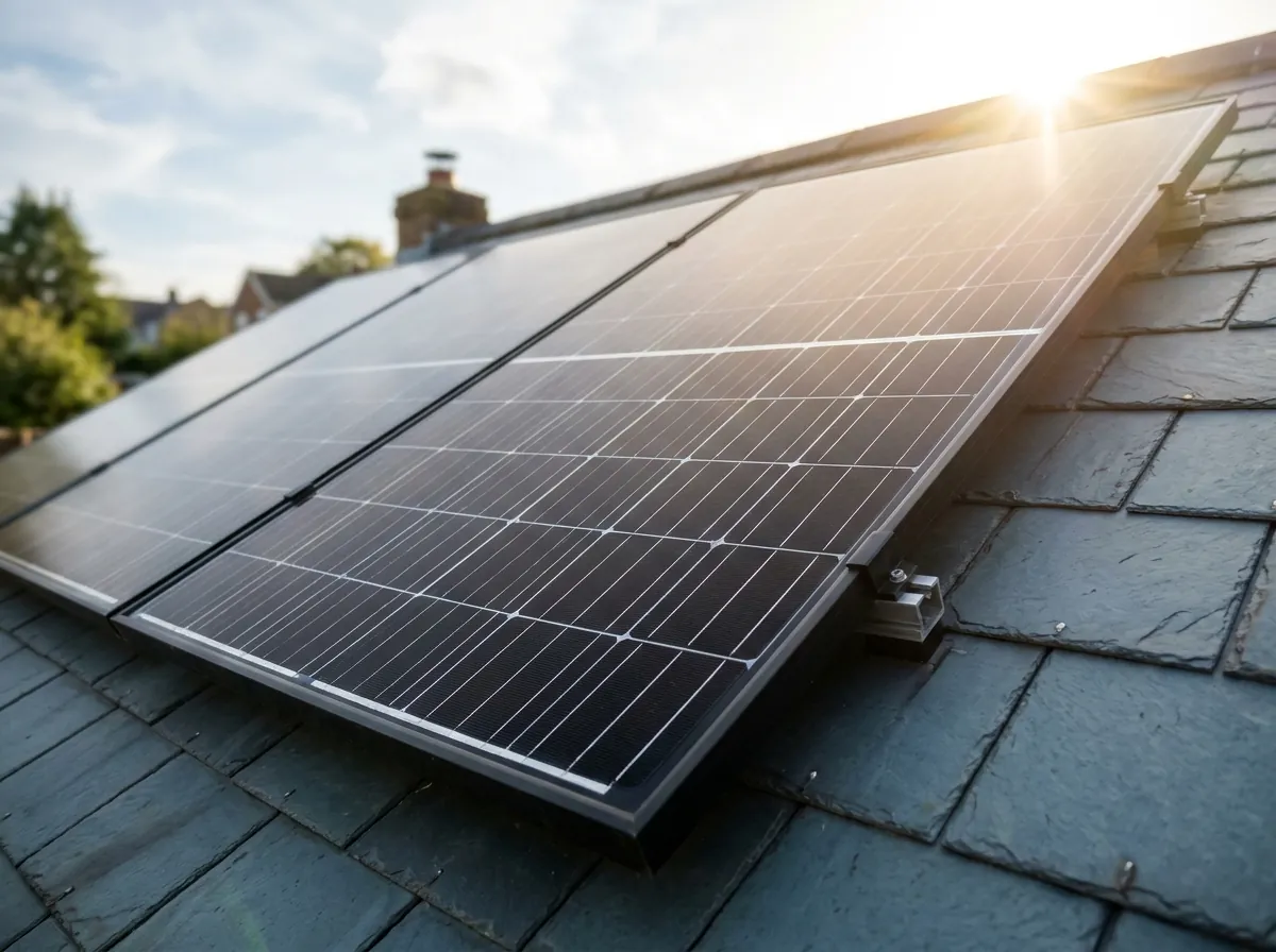 A bright close-up of sunlight falling on a black monocrystalline solar panel on a house roof