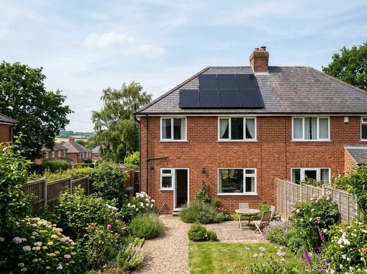 A neat array of black solar panels on the roof of a red-brick English semi-detached house, seen from the garden