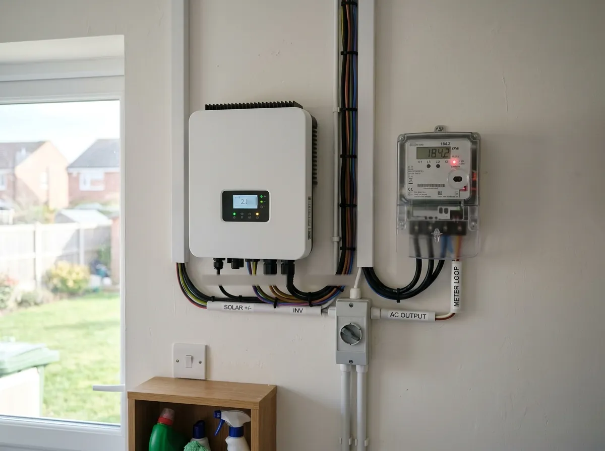 A compact white solar inverter and a smart electricity meter mounted neatly on a utility room wall