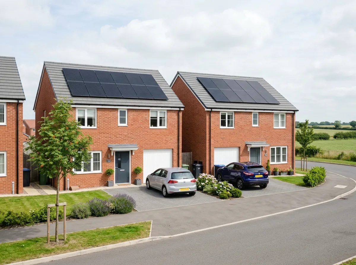 Semi-detached brick homes in Hucknall with solar panels on the roof