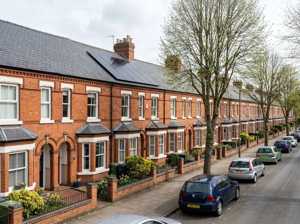 Row of Victorian red-brick terraced houses with slate roofs in Hucknall