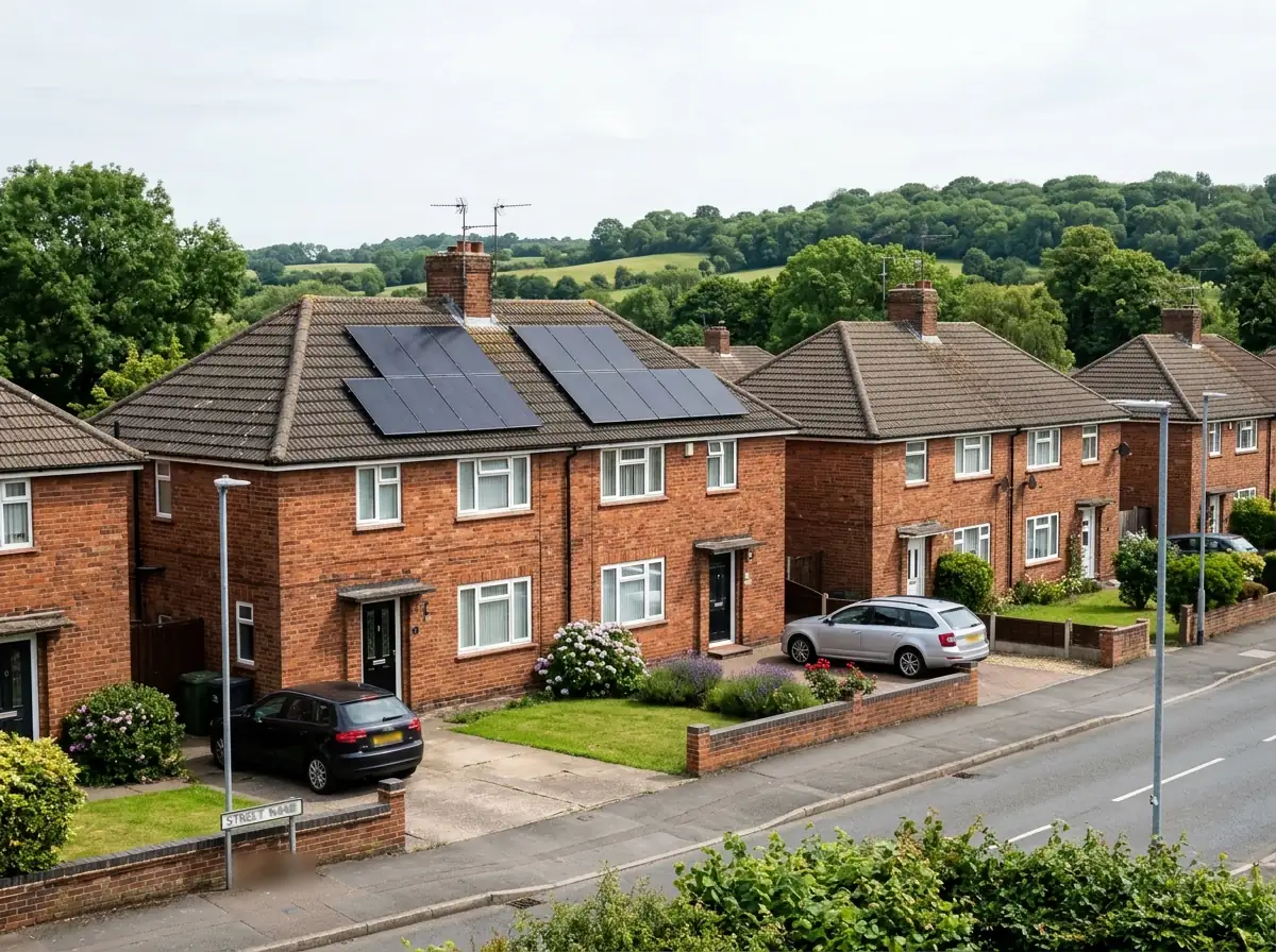 Red-brick semi-detached houses on a residential street in a former Nottinghamshire mining town