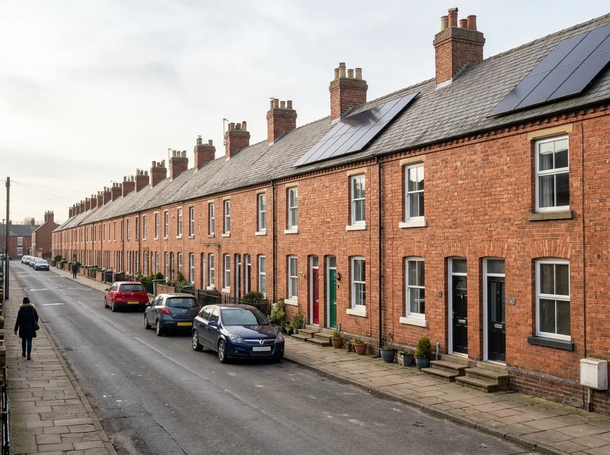 A long row of early 20th-century red-brick former colliery terraced houses in a Nottinghamshire town