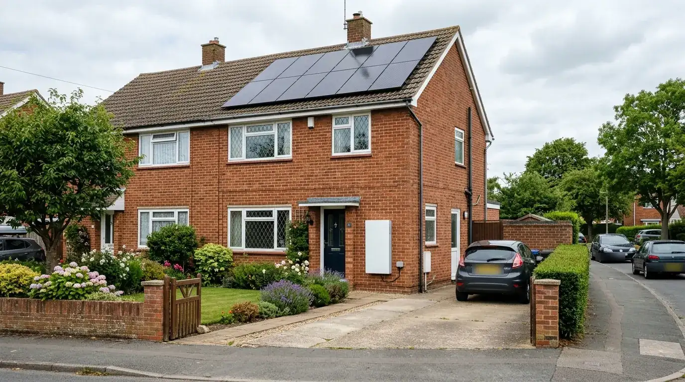 A semi-detached house in Mansfield with solar panels and a home battery
