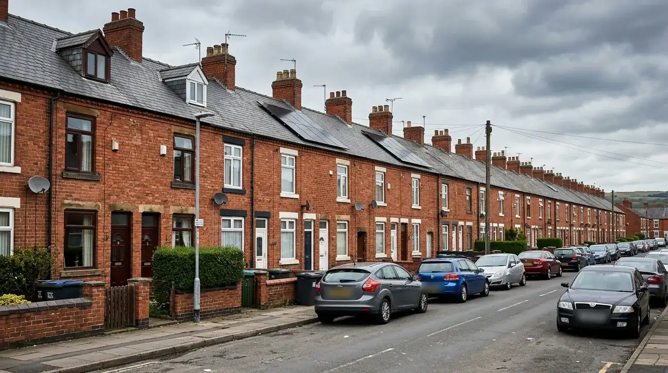 A row of red-brick terraced houses in Mansfield with solar panels on several roofs