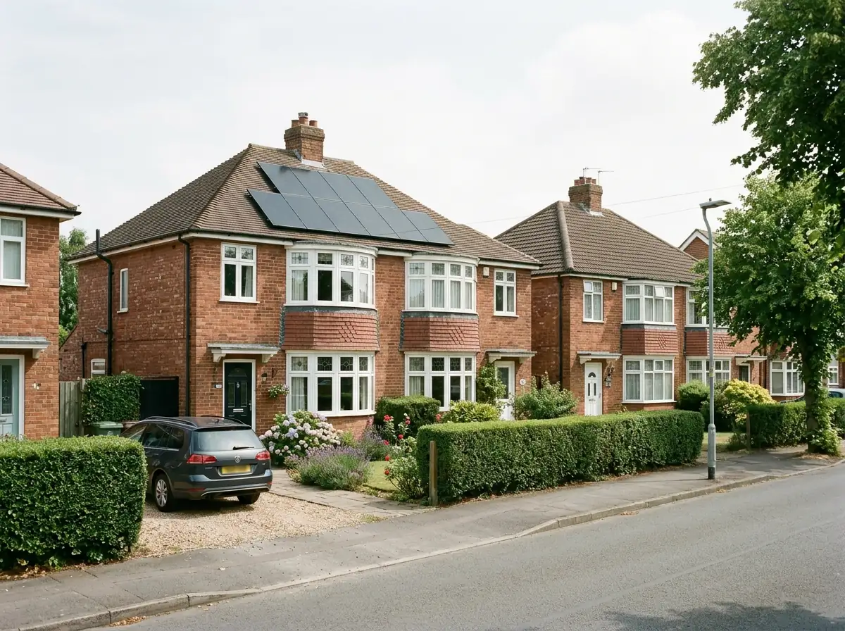 A pair of 1930s semi-detached houses in a Nottinghamshire town, built of red brick