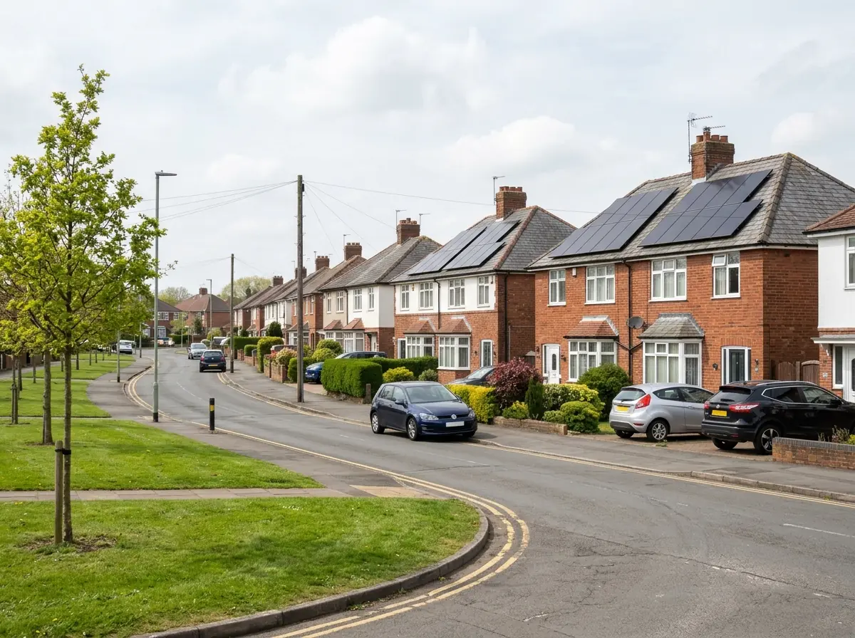 A row of interwar and post-war red-brick semi-detached houses on a gently curving road in a Nottinghamshire town