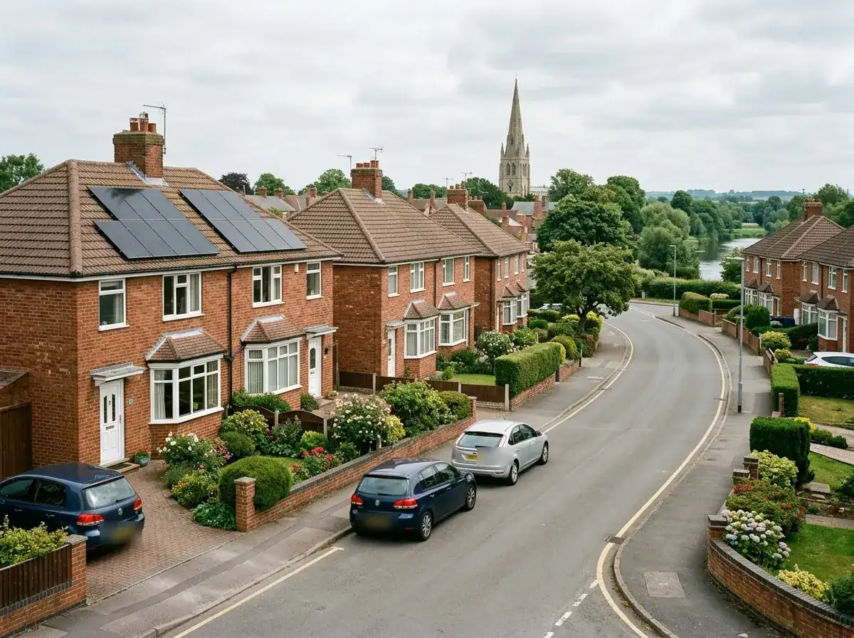 Brick houses with solar panels in Newark-on-Trent, Nottinghamshire