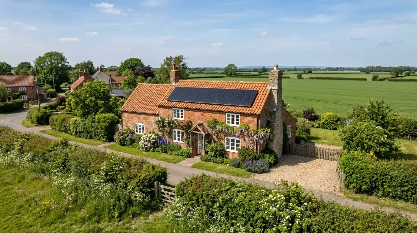A brick village cottage near Newark with solar panels on its roof