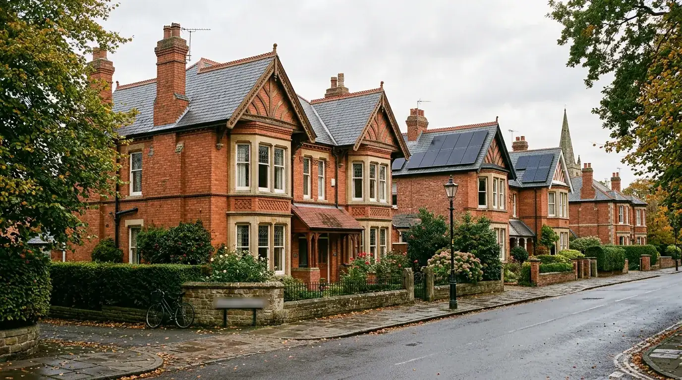 Victorian brick villas on a tree-lined street in Newark, with solar panels on a rear roof