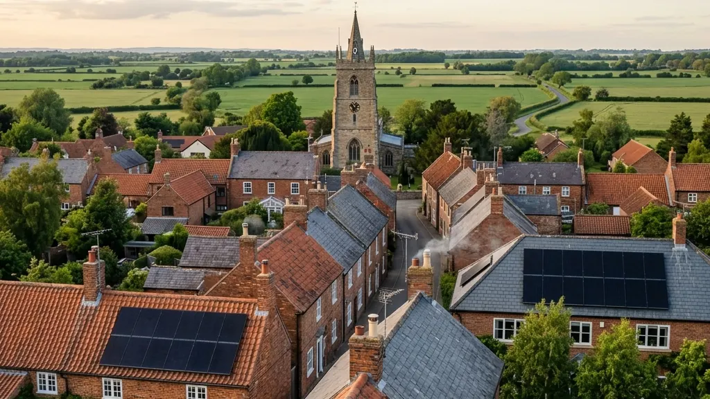 Rooftops of a North Nottinghamshire village with solar panels on two homes
