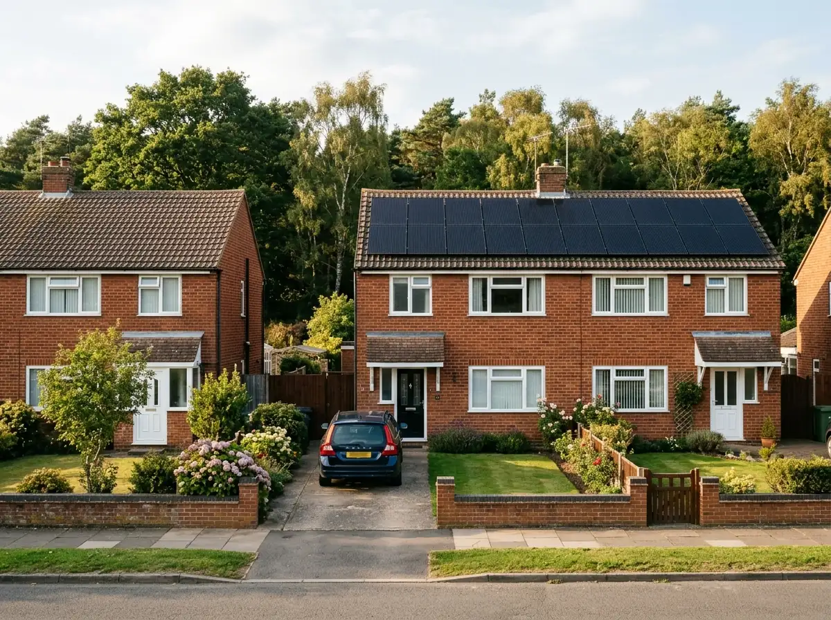 Semi-detached brick houses in Ollerton with solar panels on the roof