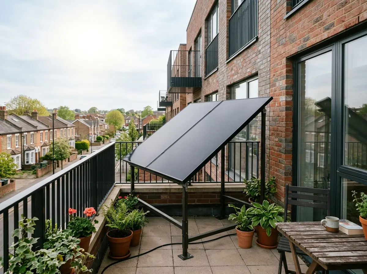 Two plug-in solar panels mounted on a sturdy metal frame on the balcony of a modern brick flat in an English town