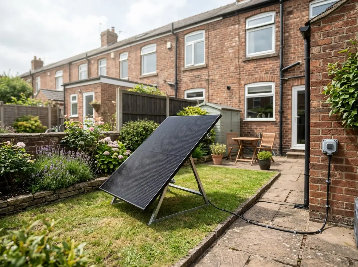 A single plug-in solar panel on a ground stand in a small back garden of an English terraced house