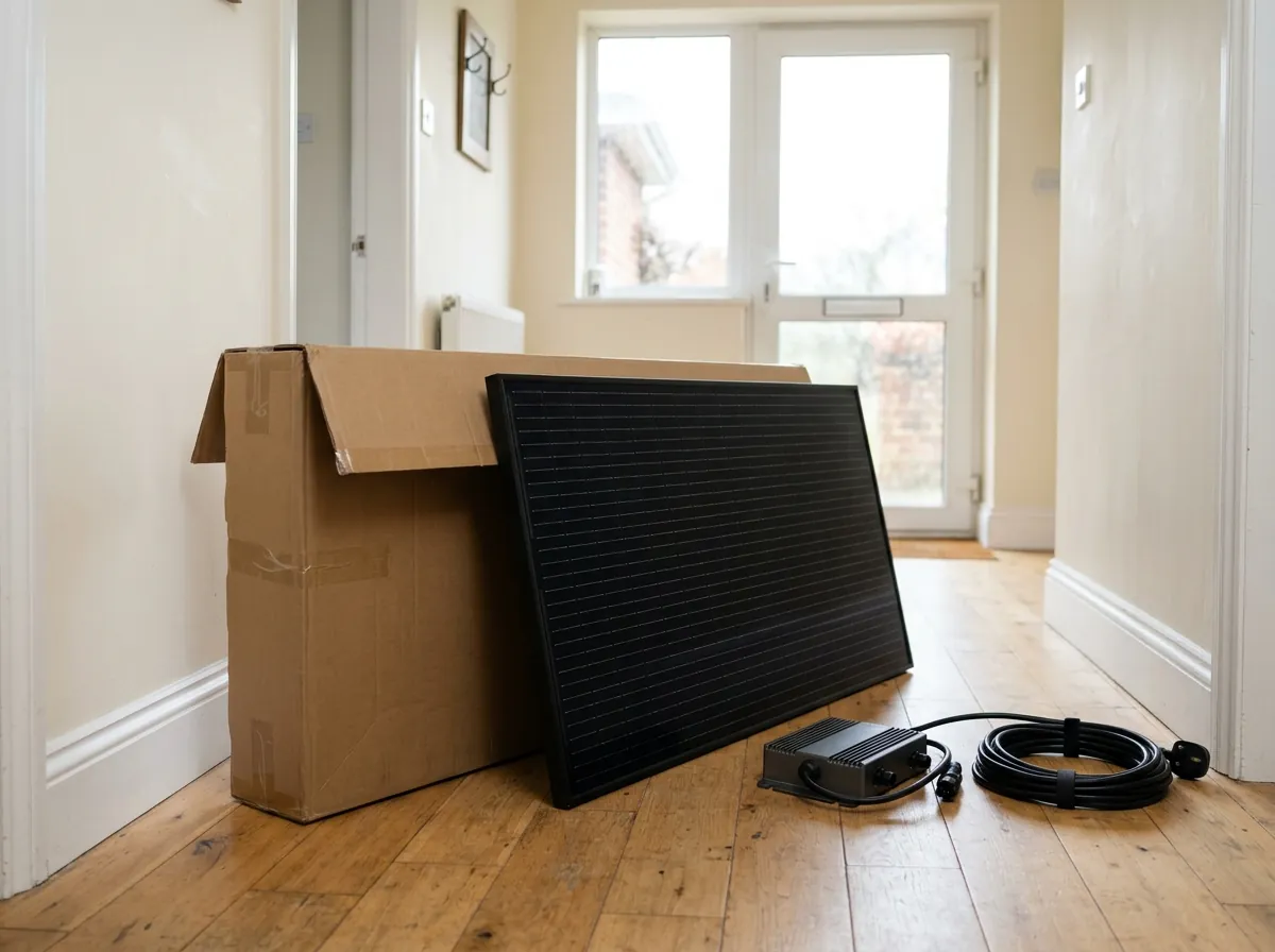 A plug-in solar panel kit still in its plain cardboard box on a hallway floor