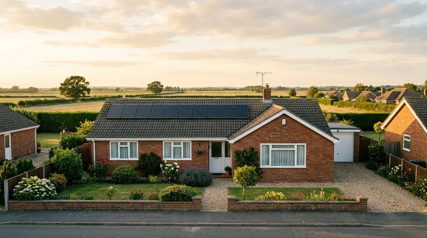 A brick bungalow with solar panels in a village near Retford