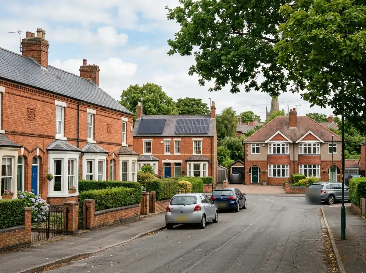 Brick houses with solar panels on the roofs in Retford, Nottinghamshire