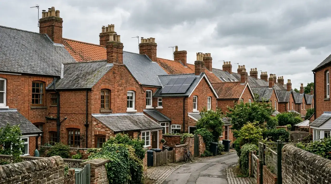 Victorian red-brick terraced houses in Retford with slate and pantile roofs