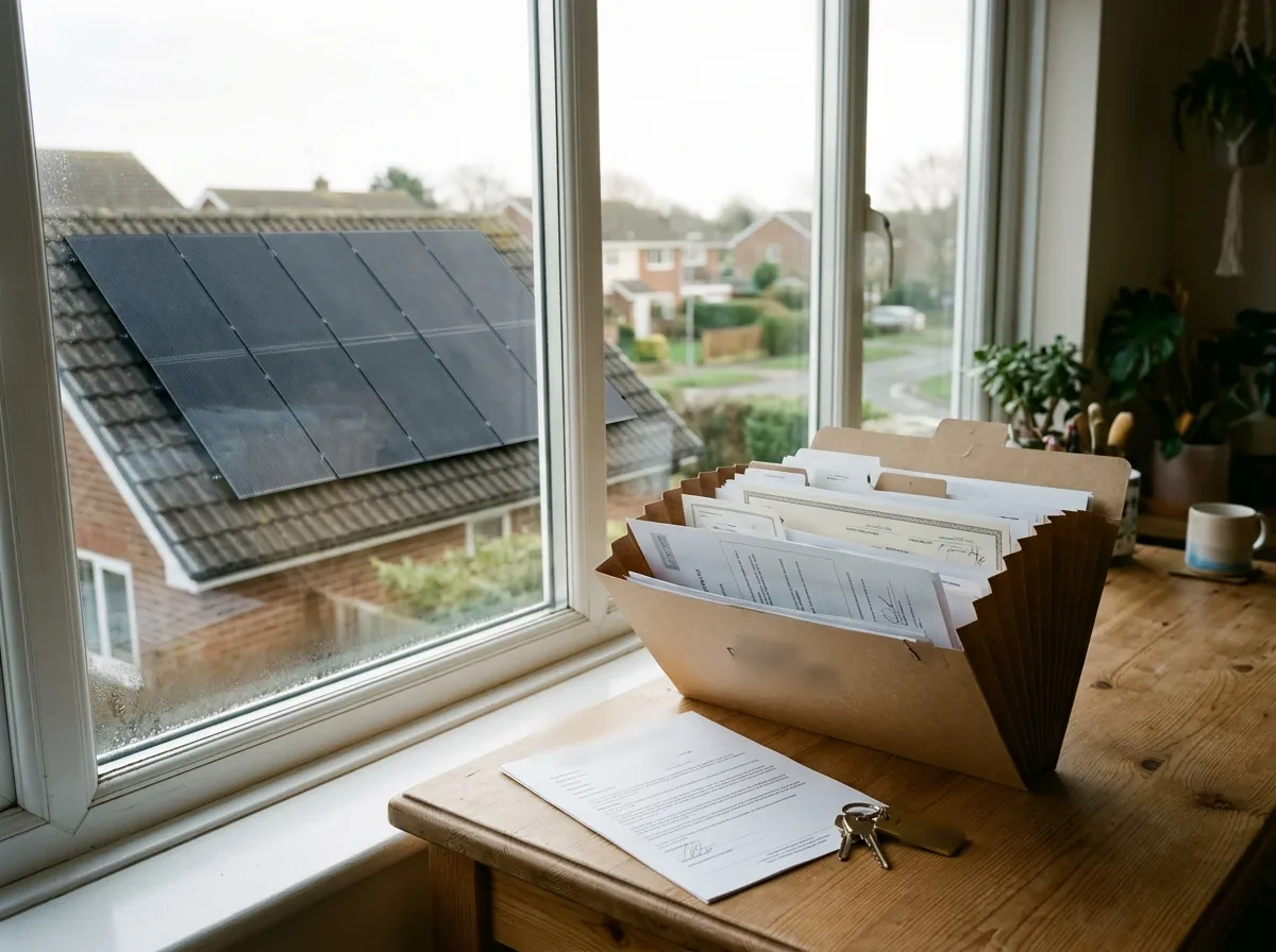 A neat folder of house paperwork on a desk: certificates