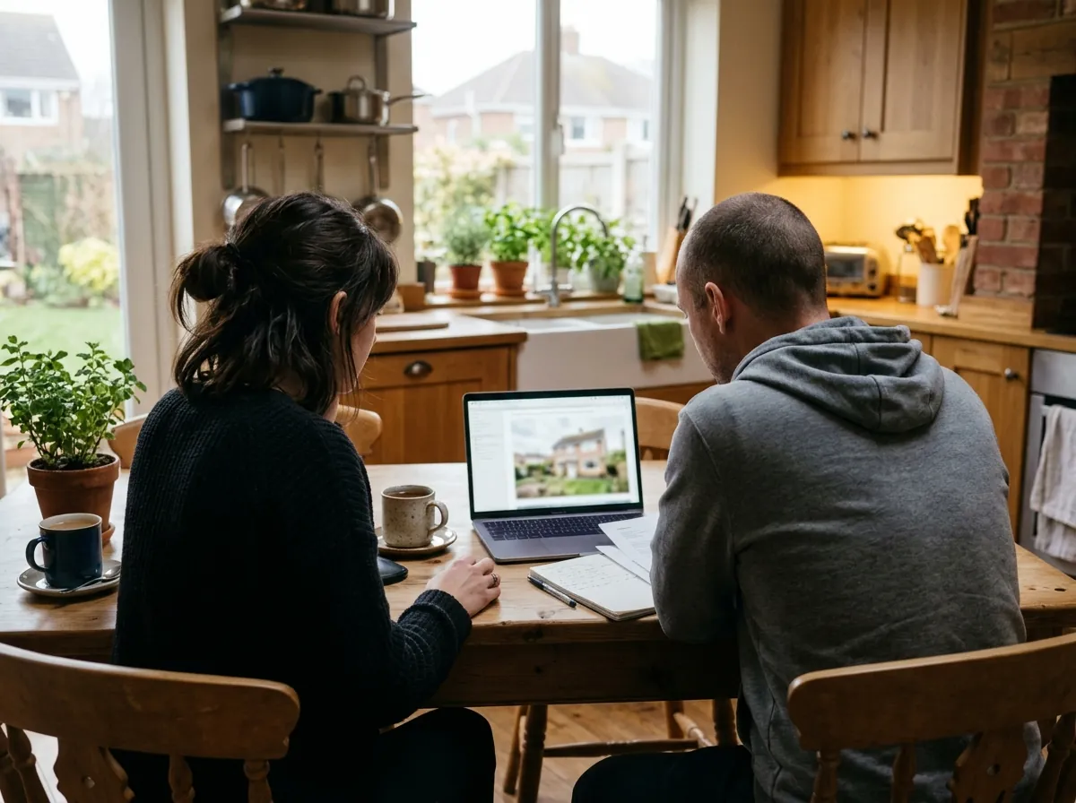 A couple seen from behind at a kitchen table reviewing documents on a laptop