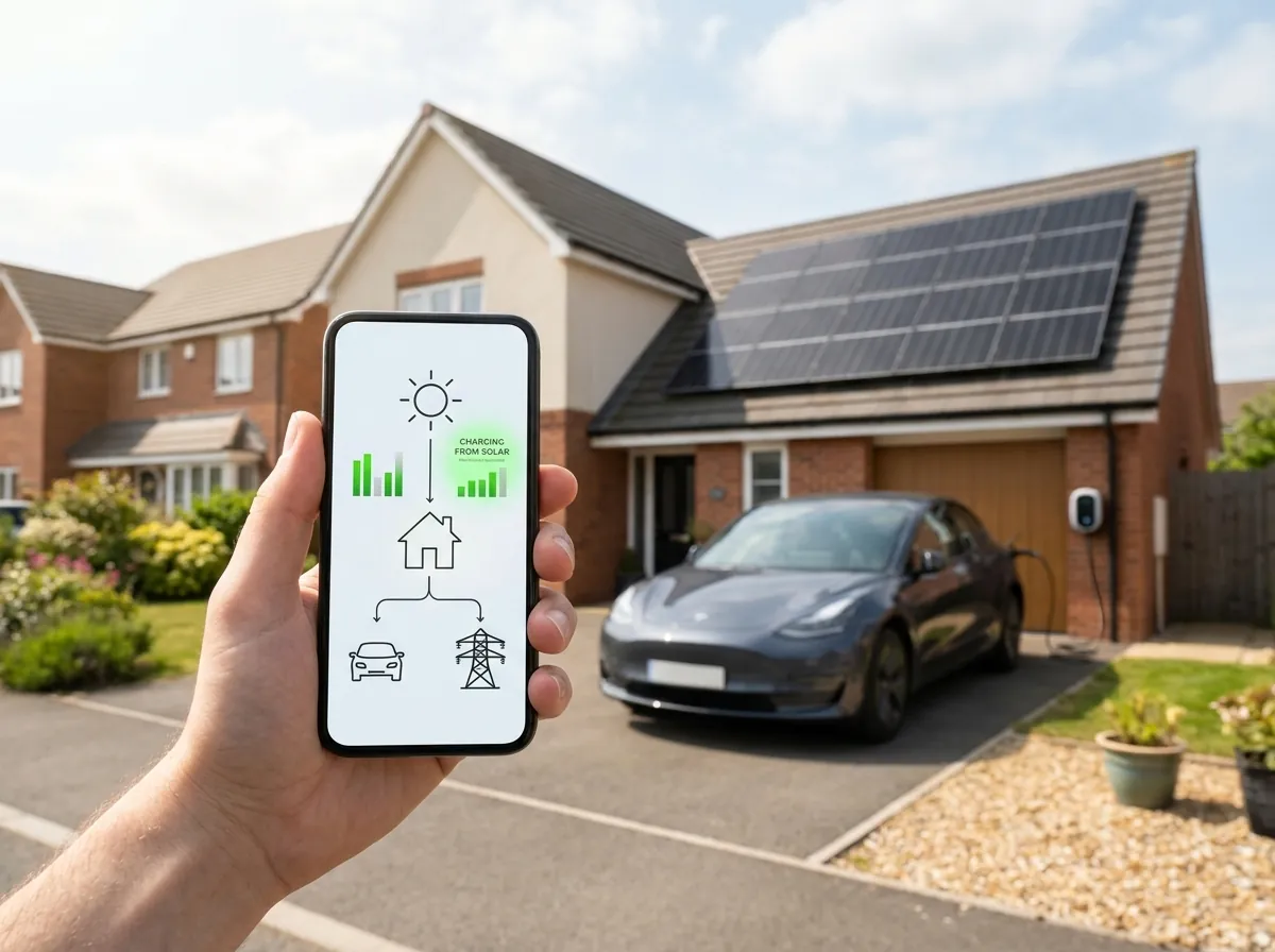 Phone app showing an EV charging from surplus solar power