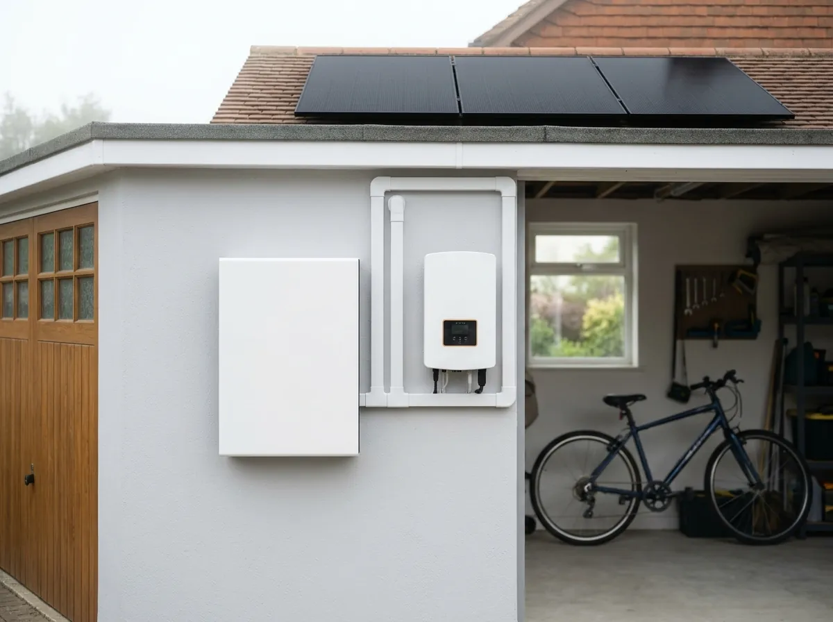 A sleek white home solar battery and a hybrid inverter neatly mounted side by side on a clean garage wall
