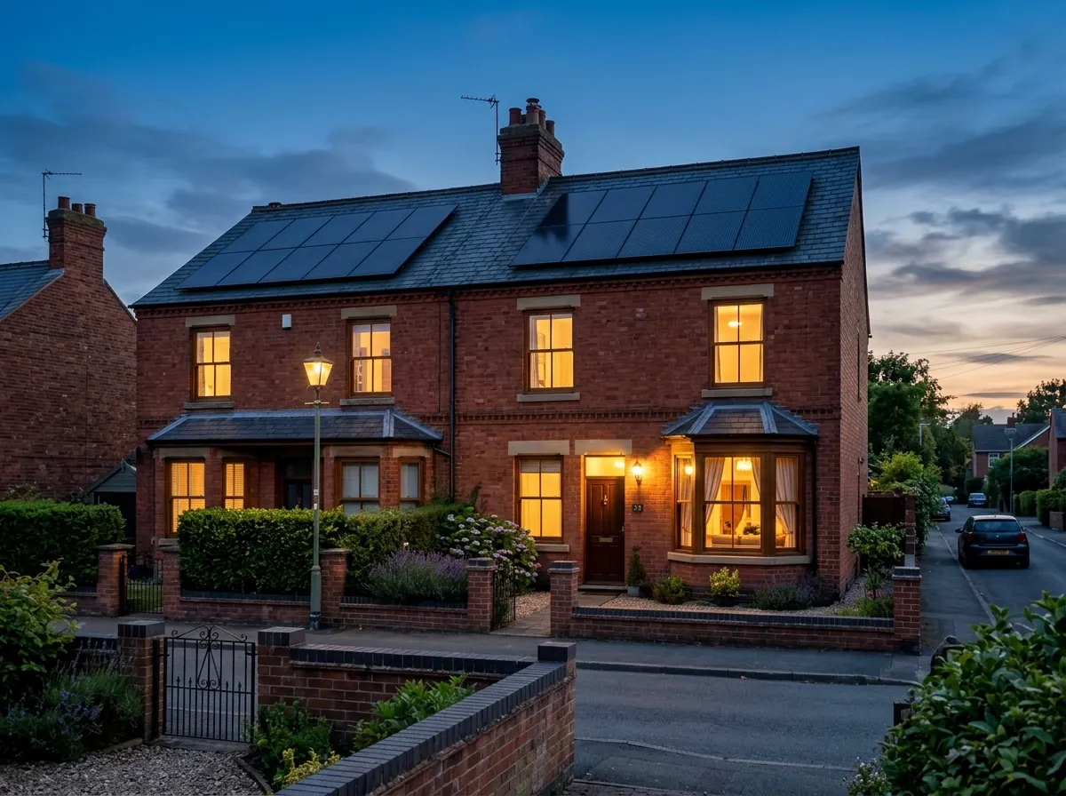 A red-brick semi-detached house in the evening