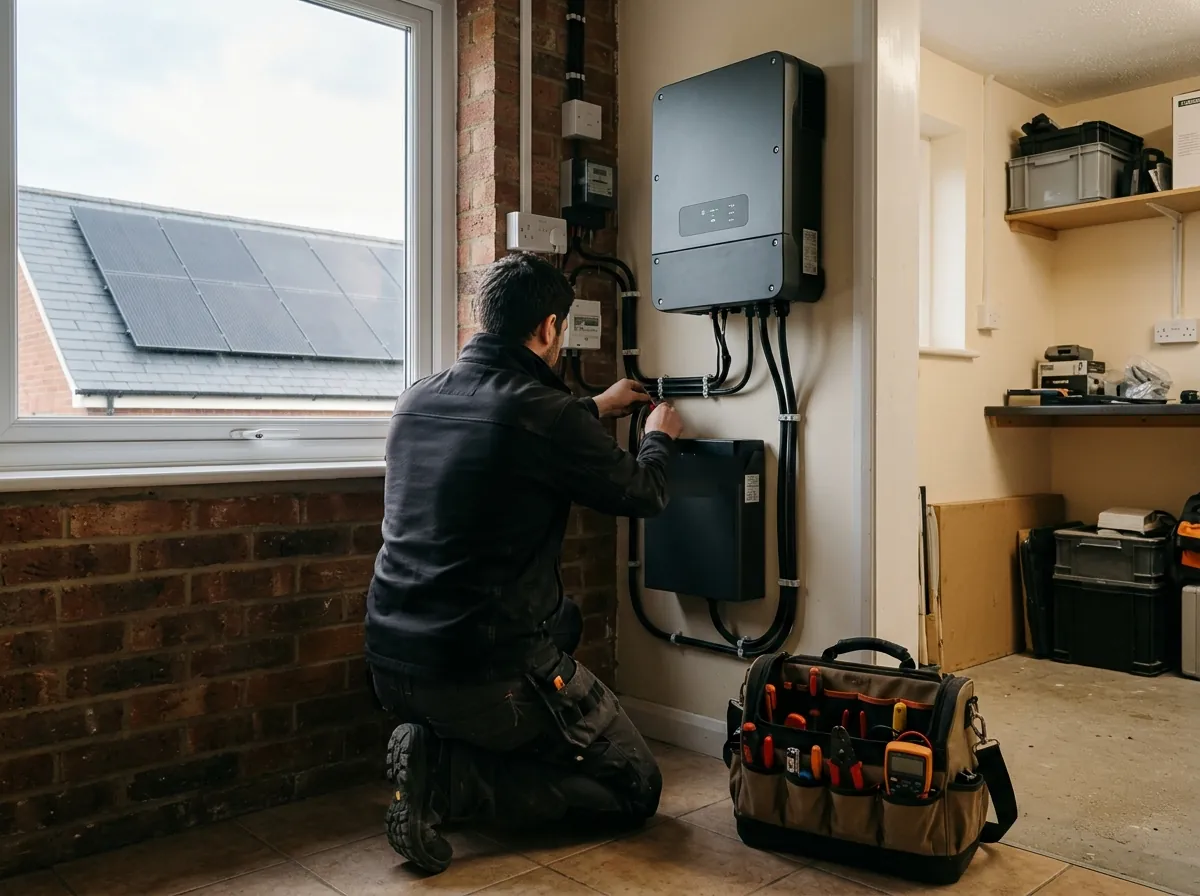 An electrician seen from behind connecting a compact battery unit to a wall-mounted inverter in a utility room