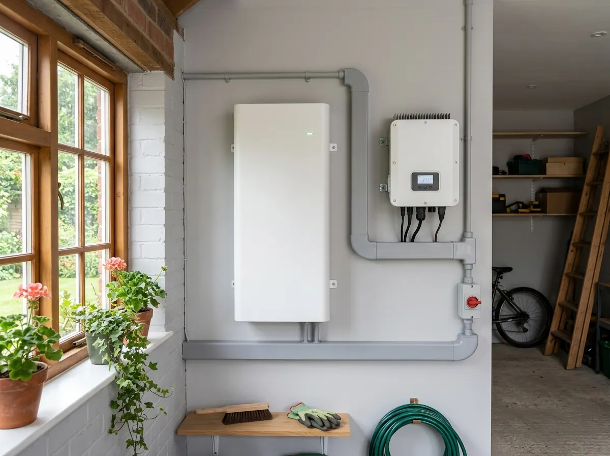 Home solar battery and inverter mounted on a garage wall in a UK home