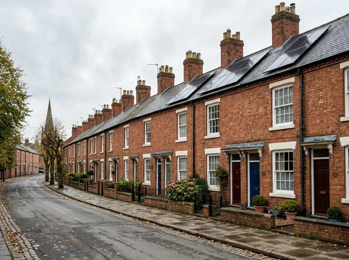 Row of brick terraced homes in Nottinghamshire with solar panels on some roofs
