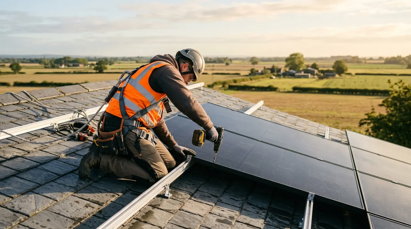 Solar installer fitting panels on a house roof in Nottinghamshire