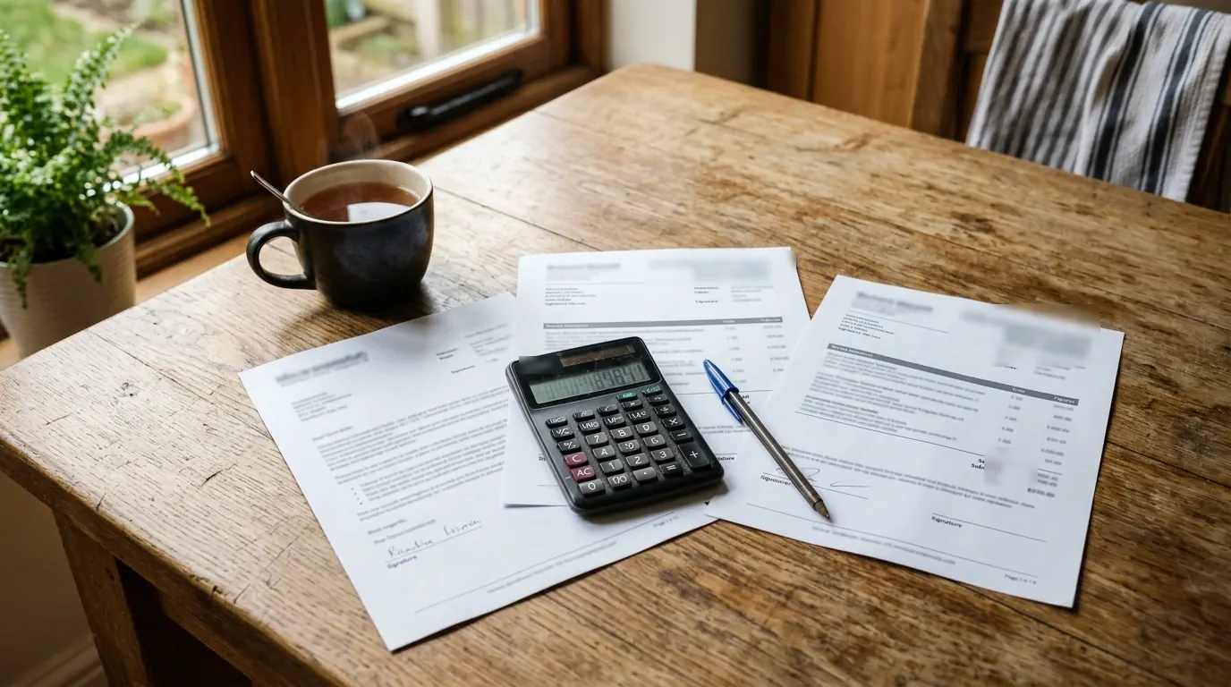 Printed solar panel quotes and a calculator on a kitchen table, comparing installation costs