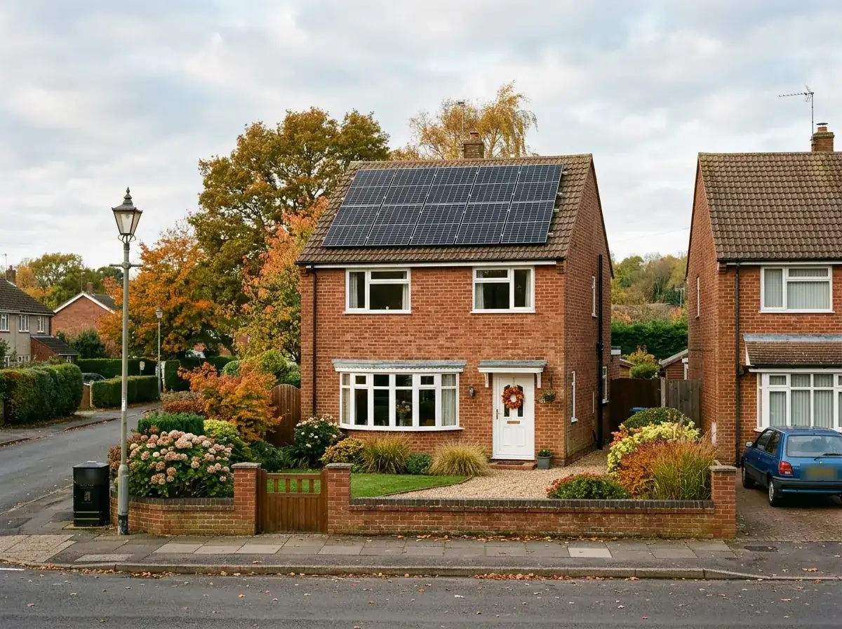 Solar panels on the roof of a brick semi-detached house in Nottinghamshire