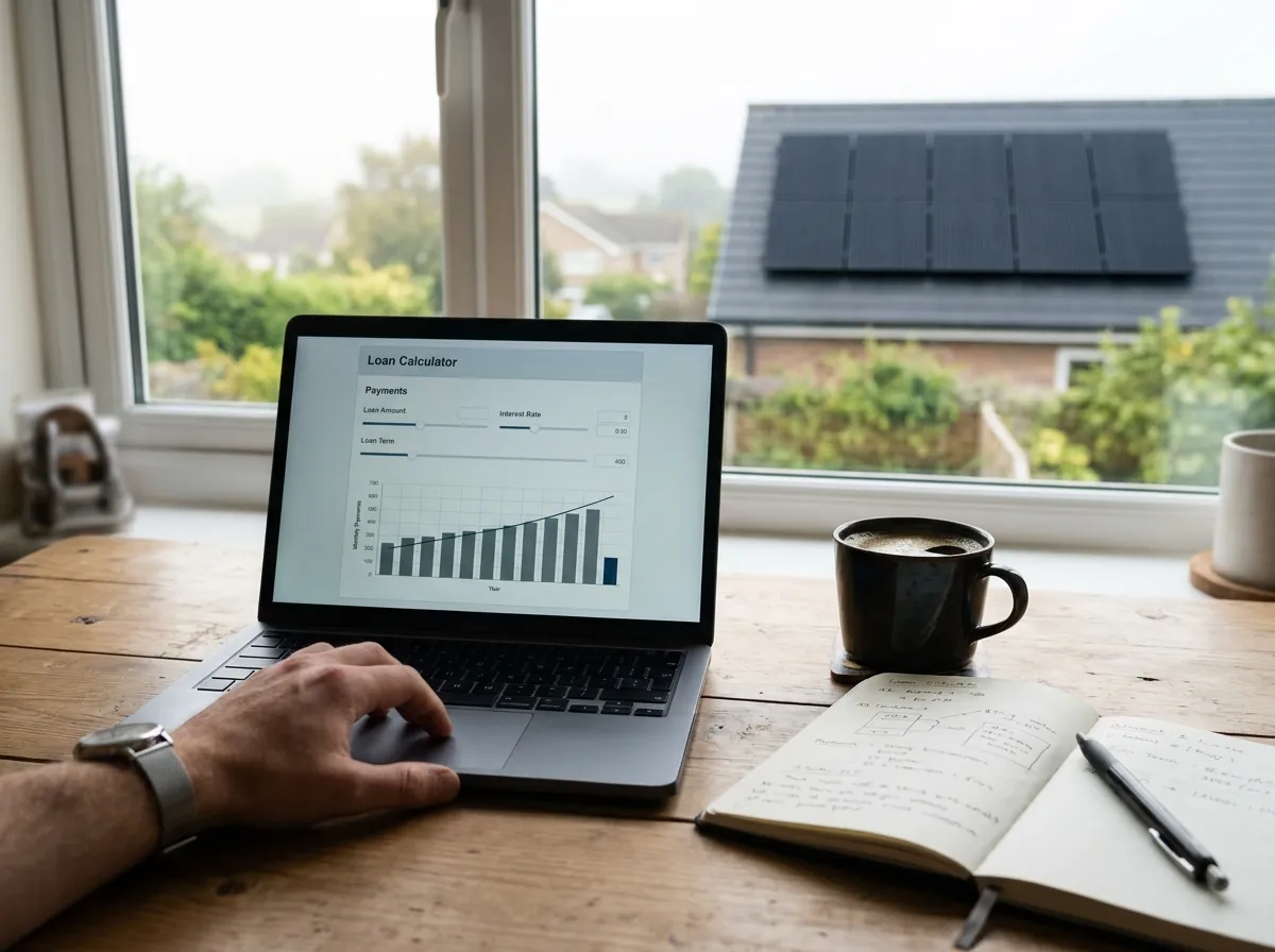 A hand using a laptop with a simple generic loan calculator chart on screen